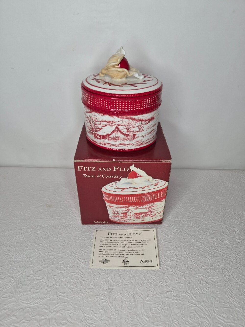 Fitz and Floyd Town and Country Hand Crafted Ceramic Oval Candy Box Red White